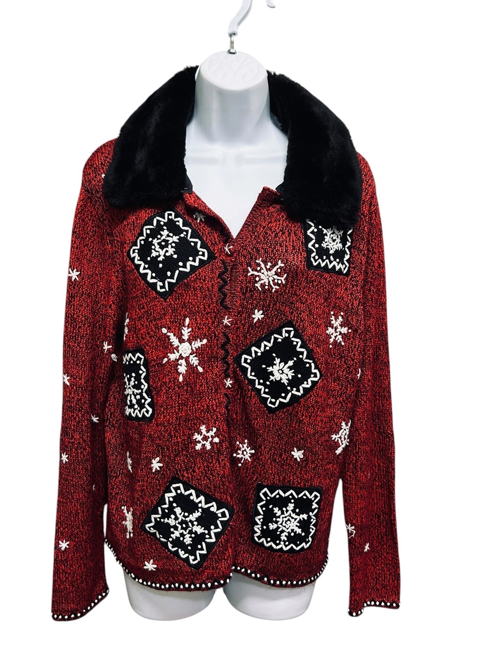 VTG East West Fashions Embroidered Holiday Cardigan Faux Fur Collar Size M